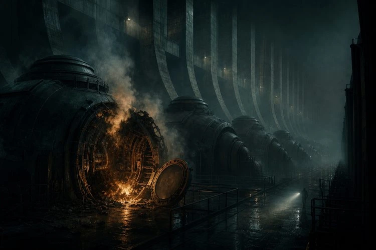 Fire glowing through an industrial tunnel