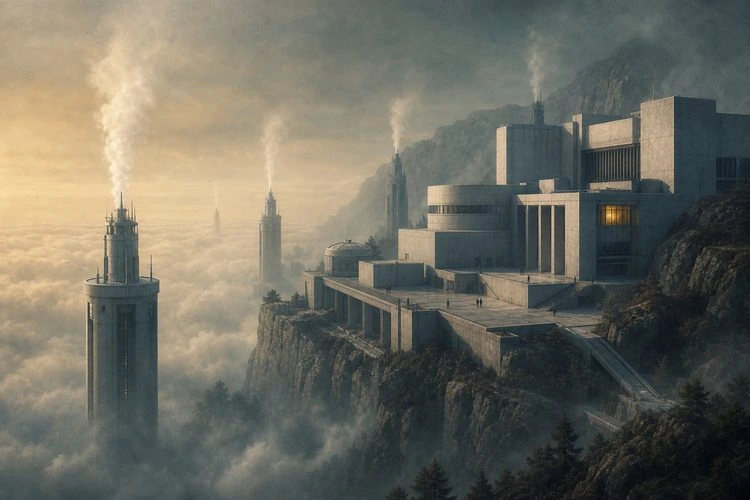 An industrial complex perched above a city